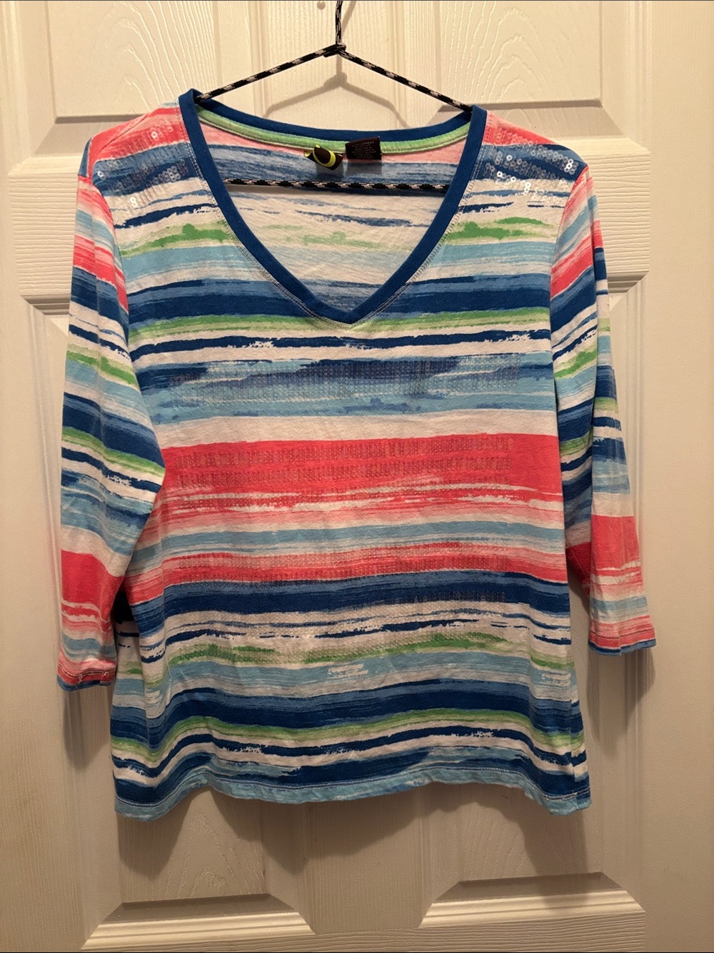 Sportelle Striped V-Neck Long Sleeve Tee in Coral, Blue & Green
